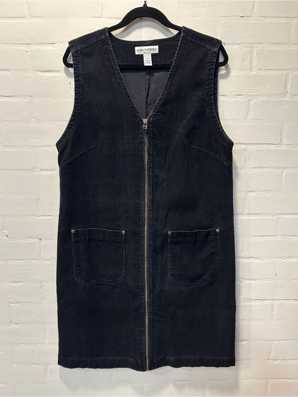 Gloria Vanderbilt Black Corduroy Zip Front Pinafore Dress L 90s Dark Academia